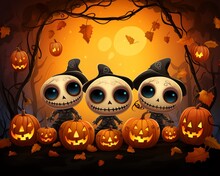 Cute Cartoon Skeletons In Witch Hats Sit Among Pumpkins. The Background Is A Full Moon And A Spooky Forest.