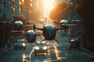 Poster - A group of drones are flying over a city street