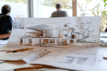 Aufkleber - A drawing of a house placed on a table. Suitable for interior design concepts