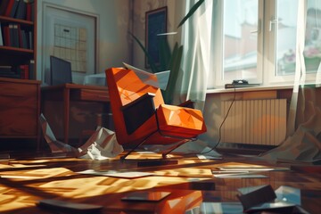 Poster - A simple orange chair on a hardwood floor. Suitable for furniture stores or interior design websites
