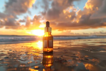 Poster - A bottle of essential oil placed on a wet sandy beach. Perfect for wellness and relaxation concepts