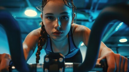 Poster - A young woman exercising on a stationary bike in a gym. Ideal for fitness and workout related projects