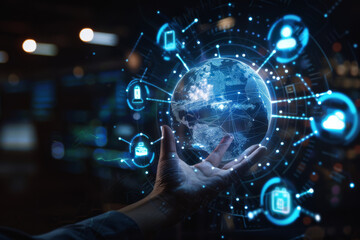 Poster - A hand is holding a glowing globe with icons around it