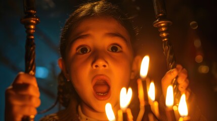 Poster - A little girl holding a bunch of lit candles. Suitable for various occasions and celebrations