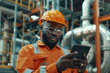 Aufkleber - A man wearing an orange shirt and safety glasses looking at a cell phone. Ideal for technology and communication concepts