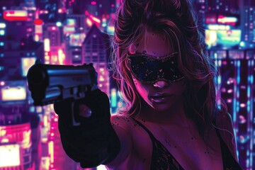 Poster - A woman holding a gun in front of a city. Suitable for crime or urban concepts