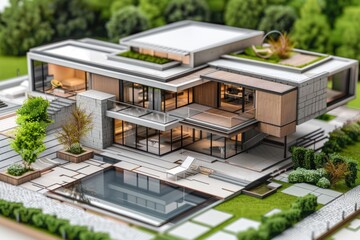 Poster - A model of a modern house with a pool. Ideal for real estate or architecture projects