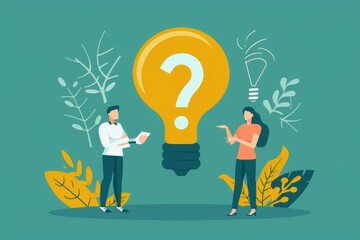 Poster - Man and woman facing a light bulb with a question mark. Suitable for educational concepts