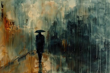 Poster - A person walking in the rain with an umbrella. Suitable for weather or outdoor concept