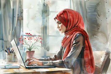 Poster - A woman in a hijab working on a laptop. Suitable for technology and diversity concepts