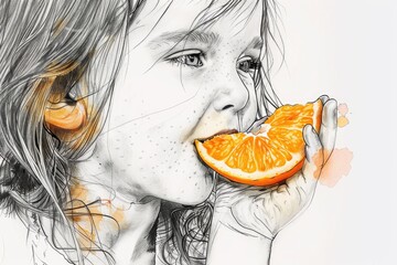 A girl enjoying an orange snack. Perfect for health and nutrition concepts