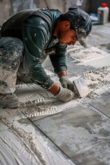 Poster - A man is shown working on a tile floor. Suitable for home improvement projects