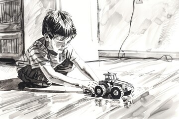 Poster - Young boy playing with toy truck on floor. Suitable for children's toys advertisement