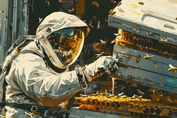 Poster - A man in a bee suit tending to a hive. Suitable for agricultural or nature themes