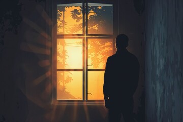Wall Mural - A silhouette of a man standing in front of a window. Suitable for various concepts and designs