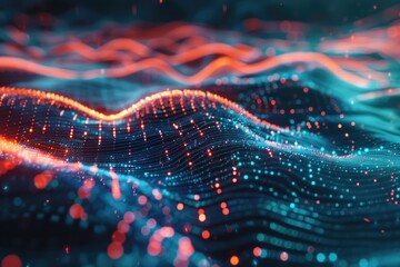 Poster - Close-up view of a wave of blue and orange lights. Ideal for technology or abstract design concepts