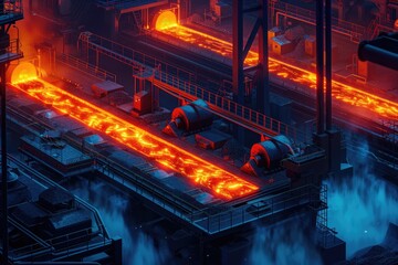 Poster - Industrial steel pipes in a factory setting. Suitable for industrial, manufacturing, or engineering concepts