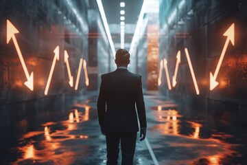 Poster - A man in a suit walking down a hallway. Suitable for business concepts
