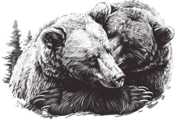 Wall Mural - Black and white drawing of two bears, suitable for various design projects