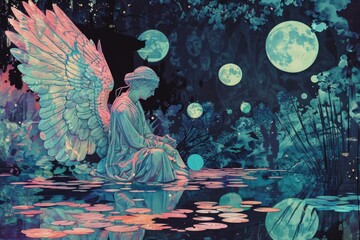 Poster - A peaceful painting of an angel on a serene lily pond. Suitable for spiritual and calming concepts