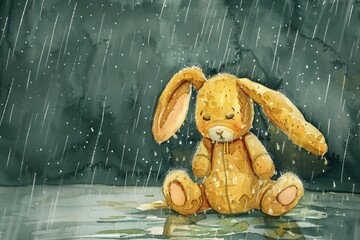 Canvas Print - A painting of a rabbit sitting in the rain. Suitable for various creative projects