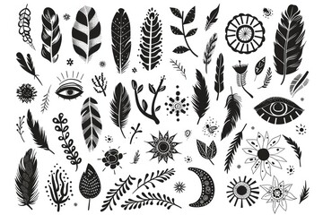 Aufkleber - Elegant collection of black and white feathers and flowers, perfect for various design projects