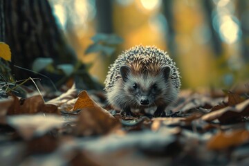 Poster - A small hedge sitting on top of a pile of leaves. Suitable for autumn-themed designs