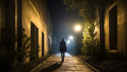 夜の路地、ライトアップ、人影のシルエット、視覚的に見やすく表現、リアルで鮮明、ミステリアスに表現 Generated by AI