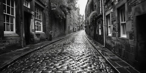 Poster - A black and white photo of a charming cobblestone street, suitable for urban and vintage themed designs