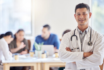 Poster - Portrait, smile and male doctor or leader in meeting, arms crossed and healthcare or planning. Hospital, happy and confidence for medical professional, clinic and manager for medicine wellness