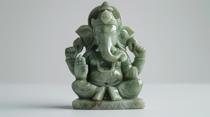 Wall Mural - Ganesha figurine crafted from jade, positioned on a white background to highlight its fine details