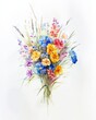 beautiful watercolor painting of a bouquet of multi-colored flowers bundled together with white background