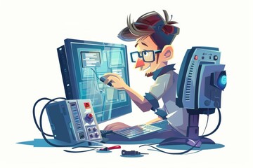 Crazy software ingineer fix computer , cartoon style illustration