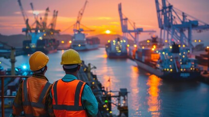 Two engineers in hard hats looking out at a busy shipping port at sunset.Water transportation industry, logistics, cruise ship production, transport ship production, fisheries