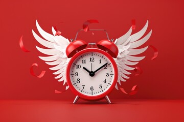 Aufkleber - A unique red alarm clock with white wings on a vibrant red background. Perfect for time management concepts
