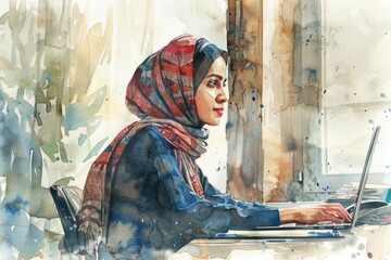 Aufkleber - A watercolor painting of a woman working on a laptop. Suitable for business and technology concepts