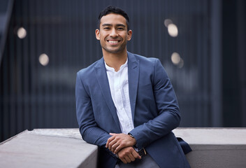 Aufkleber - Smile, confident and portrait of businessman in city for entrepreneur career in Mexico. Professional, happy and face of male corporate executive lawyer with pride for company in outdoor urban town.