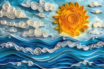 Aufkleber - Paper art of a sun shining over ocean waves. Suitable for summer-themed designs