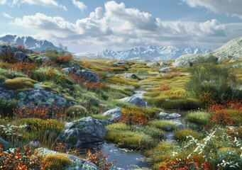 Wall Mural - Alpine meadow with stream and flowers