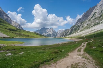 Wall Mural - Wide-angle photo shows the surroundings around an alpine lake 