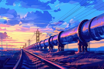 Poster - A painting of a train moving down the tracks. Suitable for transportation concepts