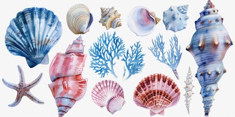 Poster - A collection of sea shells and starfish on a white background. Ideal for summer-themed designs