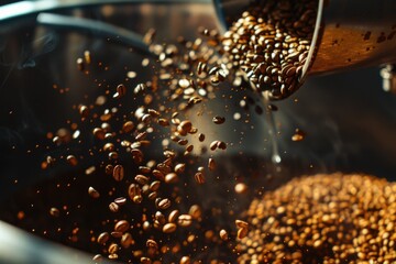 Poster - Coffee beans being poured into a pot, perfect for coffee shop promotions