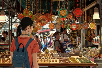 Poster - A woman standing in front of a market filled with food. Suitable for food and lifestyle concepts