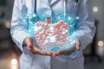 Poster - A person in a lab coat holding a glowing stomach. Suitable for medical concepts