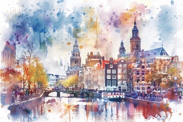 Poster - A beautiful watercolor painting of a cityscape, perfect for various design projects