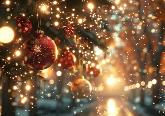 Poster - Christmas tree decorated with red and gold ornaments