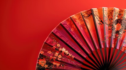 Wall Mural - A close up of a fan on a vibrant red background. Perfect for cooling concepts