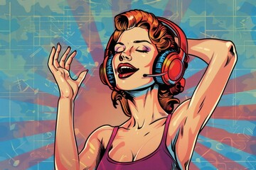 Poster - A woman singing into a microphone with headphones. Ideal for music industry promotions