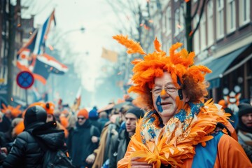 Poster - A man dressed in orange and blue walking down the street. Suitable for urban lifestyle concepts